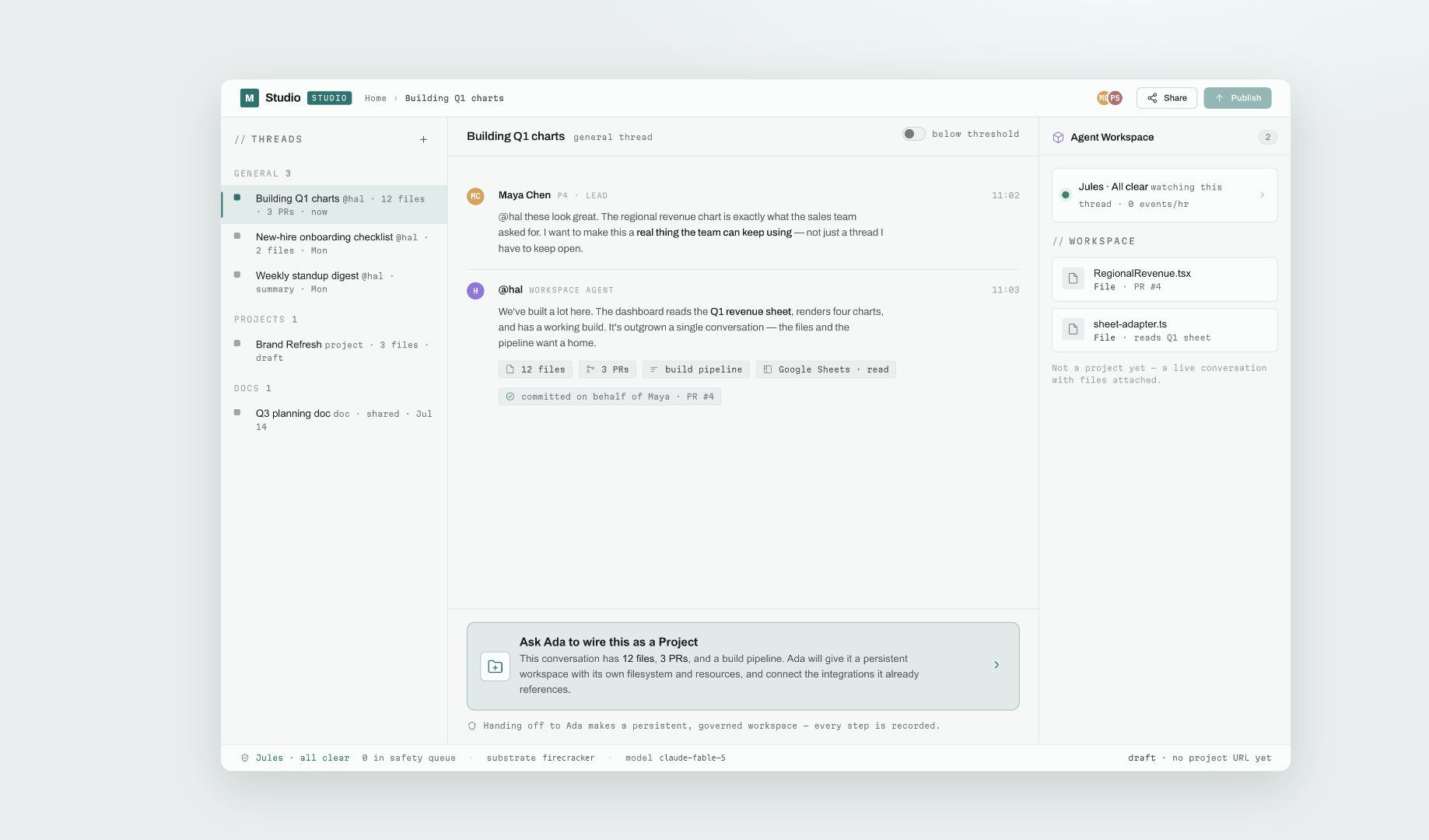Mithran Studio showing an employee turning a live thread into a governed project